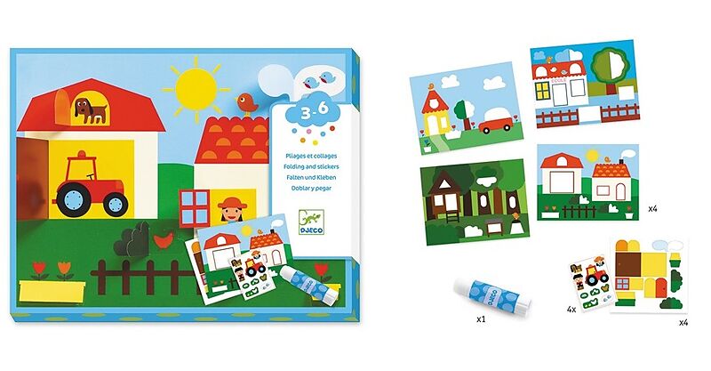 Exemplo de uma folha base do kit Djeco com um espaço para colar, ilustrando o tema "Esconde Esconde".