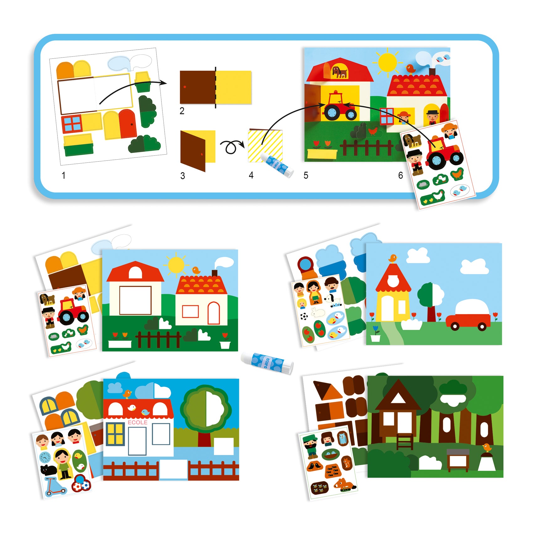 Detalhe das peças de colagem coloridas e ilustradas do kit Djeco, prontas a serem aplicadas nas folhas base.