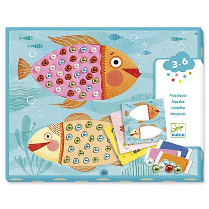 Kit Djeco Mosaicos de Contas: caixa com ilustrações de animais, massa colorida, contas e placas para atividades de colagem.