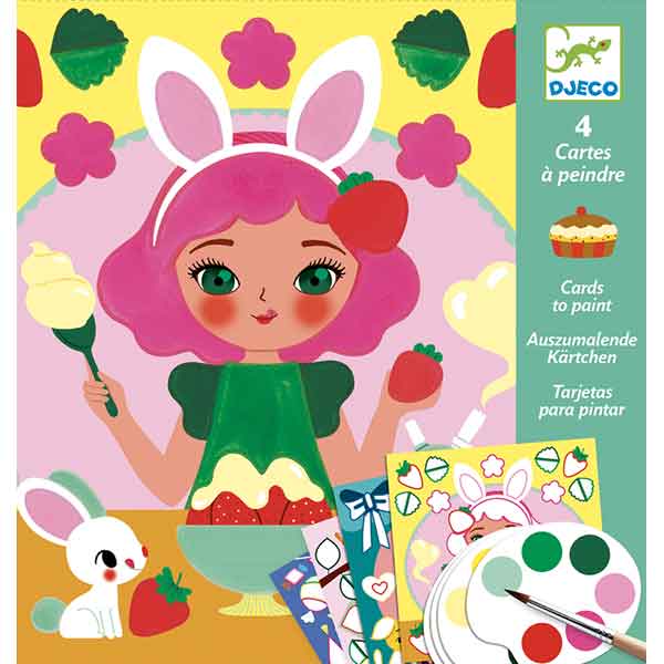Embalagem do kit de colorir Djeco "Hora do Lanche" com ilustrações de comida e materiais de pintura visíveis.