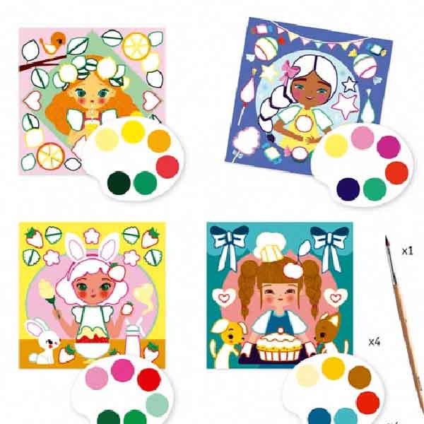 Exemplo de utilização do kit Djeco: cartão parcialmente colorido com cores vibrantes, mostrando o efeito de pintura mágica.