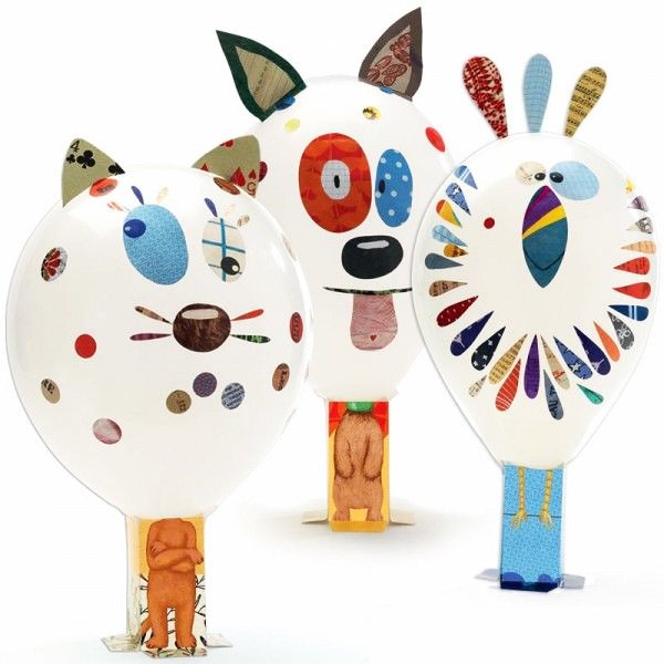 Detalhe dos materiais incluídos no kit Djeco: balões, folhas de autocolantes temáticos de animais e corpos de cartão para montar.