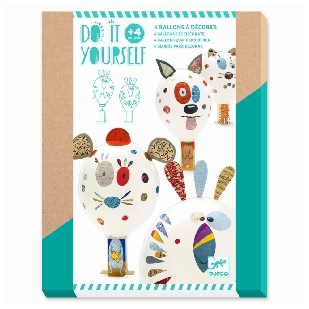 Kit "Djeco Actividades DIY Balões para decorar" com balões insuflados decorados como animais, prontos a montar nas bases de cartão.