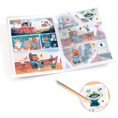 Detalhe do processo de criação: uma criança a usar o lápis para transferir um decalque de personagem para um painel de banda desenhada no caderno Djeco.