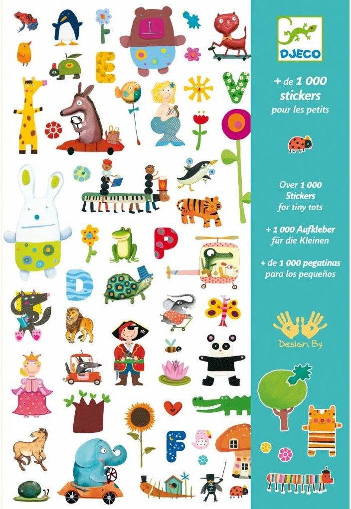 Capa do conjunto de 1000 autocolantes Djeco com ilustrações variadas como animais, letras e flores, em fundo verde-água.