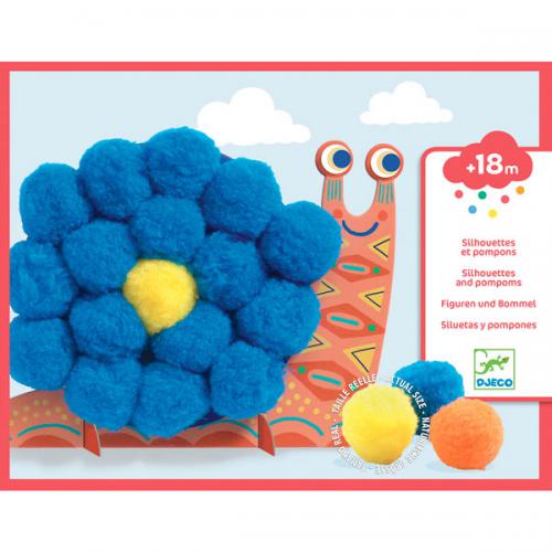 Kit Djeco Atividades de Colagem com PomPom Animais Fofinhos, mostrando os 3 cartões de animais (raposa, urso, coelho) com pompons coloridos colados.