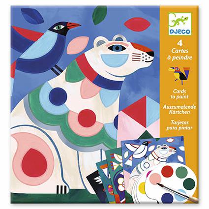 Capa do kit de colorir Djeco com ilustração de um urso polar estilizado e um pássaro, mostrando as tintas e um pincel.