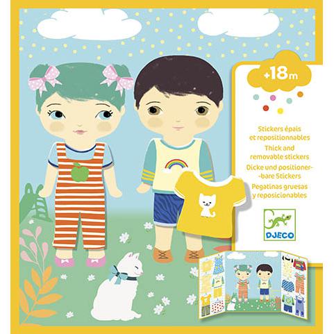 Imagem principal do conjunto de autocolantes reposicionáveis Djeco Roupas, mostrando a folha de autocolantes com várias peças de vestuário coloridas.