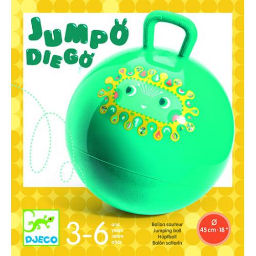 Djeco Bola Saltitante Jumpy Diego 45cm verde, embalagem com desenho e informações de idade.
