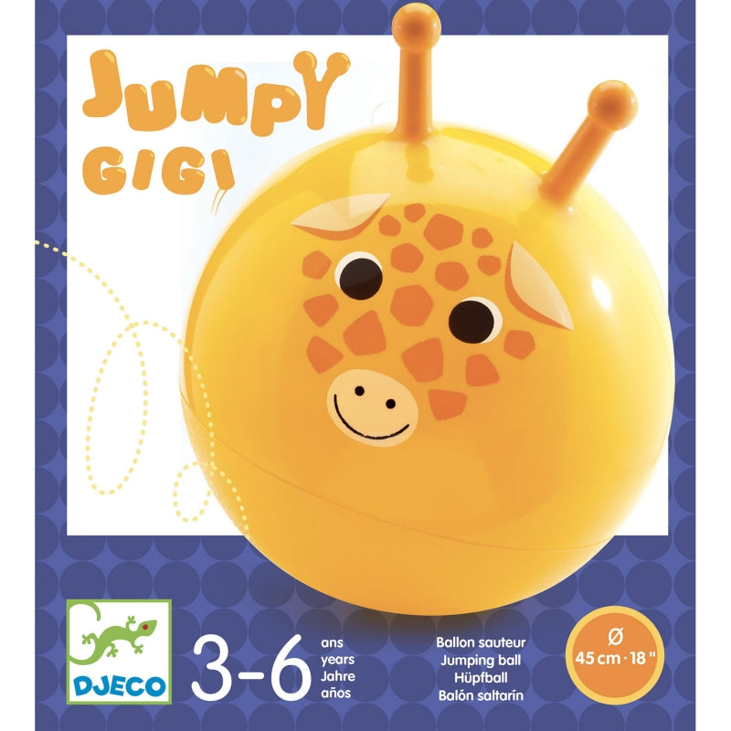 Bola saltitante Djeco Jumpy Gigi 45cm com design de girafa, ideal para crianças de 3 a 6 anos, promovendo diversão e exercício.