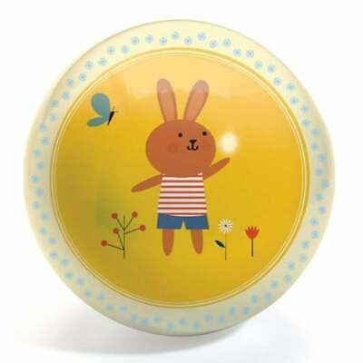 Bola saltitona Djeco de 12cm com ilustração de um coelhinho sorridente em tons pastel, ideal para bebés.