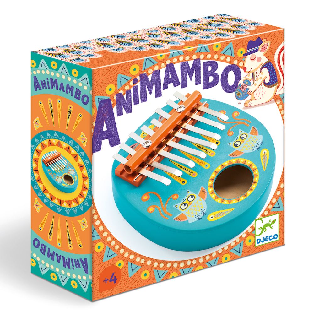 Caixa do Djeco Calimba Animambo, instrumento musical para iniciar crianças na música.