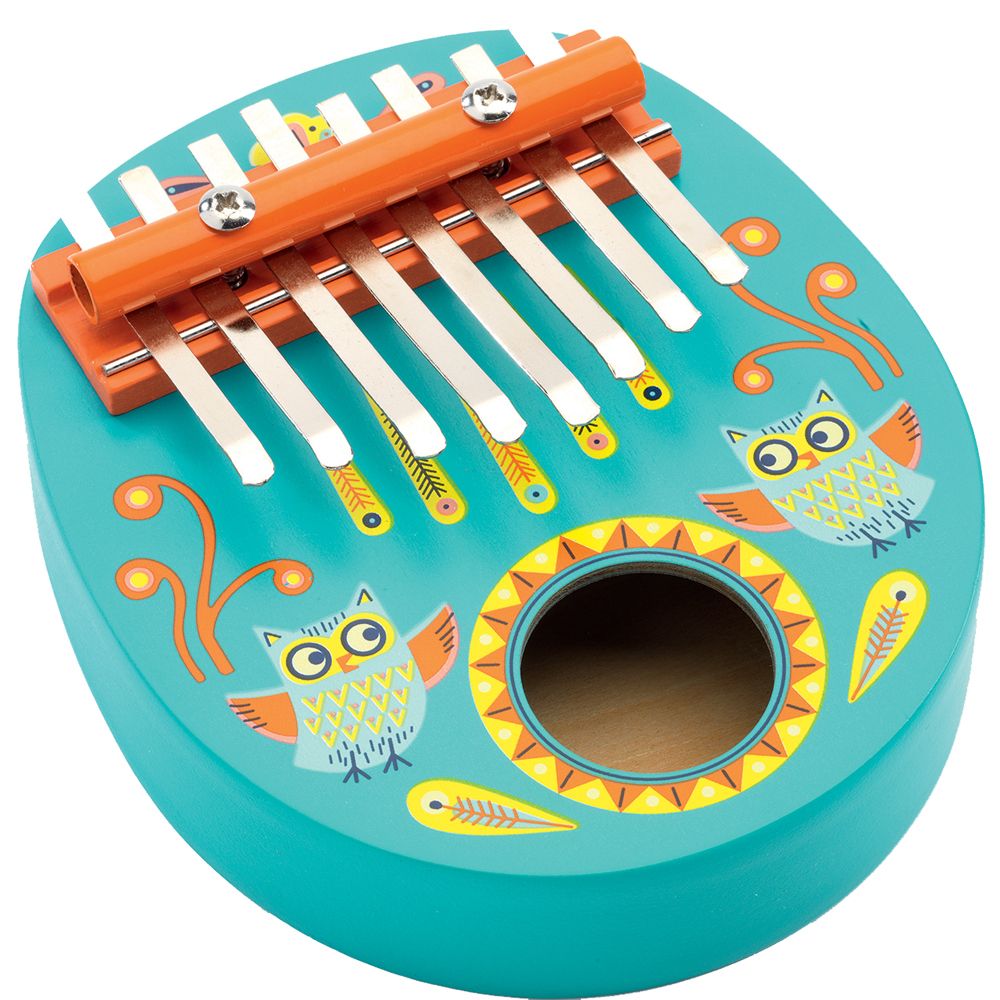 Djeco Calimba Instrumento musical para crianças com design de coruja azul e 8 teclas.
