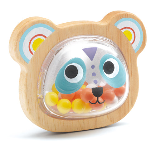 Chocalho de madeira Djeco urso Babypandi com face transparente e contas coloridas visíveis.