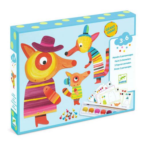 Caixa do kit de pintura Djeco "A Família da Raposa", mostrando os três personagens principais (pai, mãe e filhote) e os materiais incluídos, como tintas e brads.