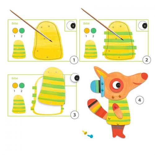 Ilustrações passo-a-passo mostrando como pintar e montar as peças do kit para criar a raposa bebé.
