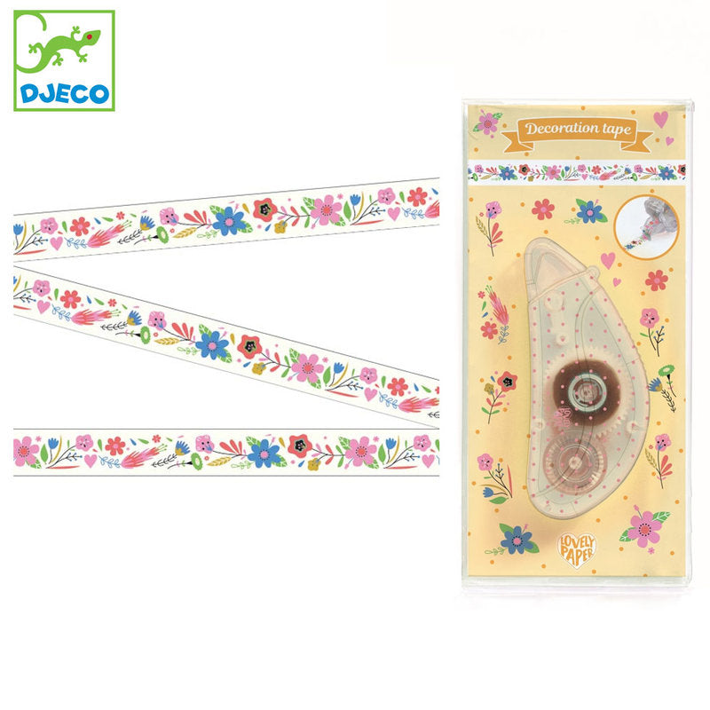 Embalagem da fita cola decorativa Djeco Lovely Paper com padrão de flores e o logo da marca.