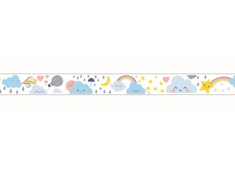 Detalhe da fita decorativa Djeco "O Tempo" mostrando o padrão repetitivo de ícones meteorológicos em cores vibrantes.