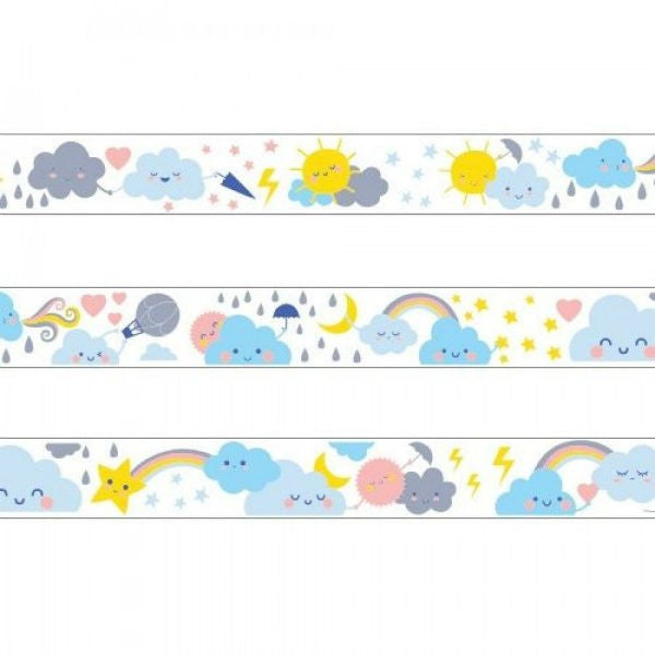Fita cola decorativa Djeco "O Tempo" com ilustrações de sol, nuvens e chuva, apresentada no seu dispensador transparente.