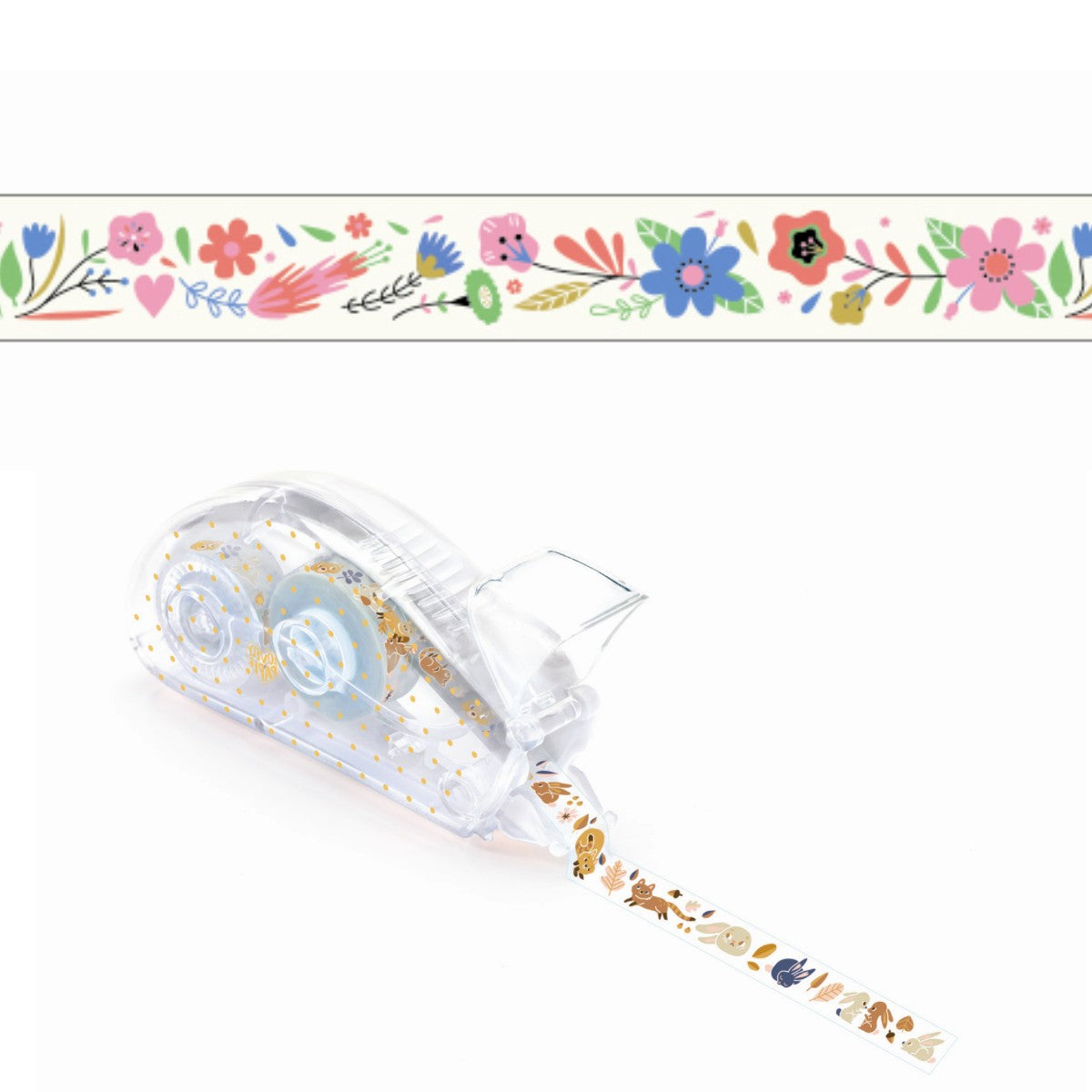 Detalhe da fita decorativa Djeco com flores e dispensador ergonómico.