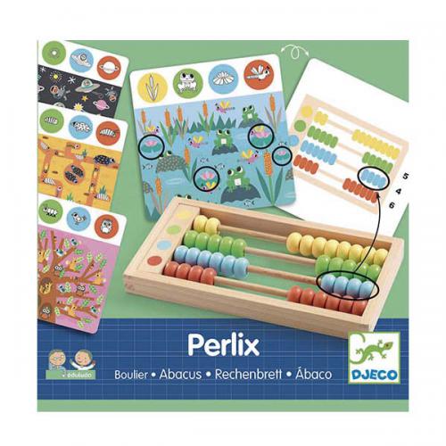 Jogo educativo Djeco Perlix com ábaco de madeira, cartas de desafio ilustradas com sapos e solução.