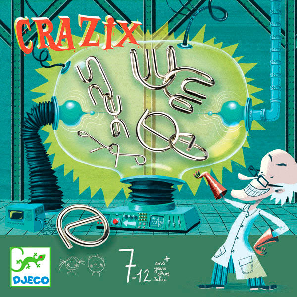 Caixa do jogo de lógica Djeco Crazix com peças de metal, mostrando a ilustração e o título.