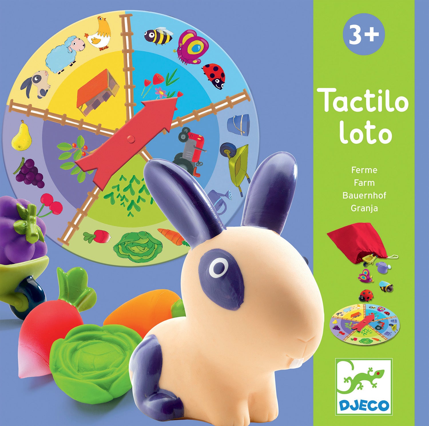 Djeco Jogo Loto táctil Quinta embalagem com coelho e roleta.