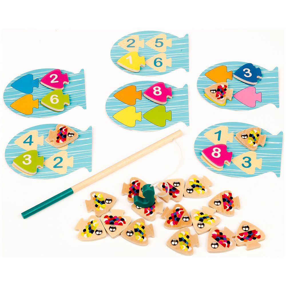 Cartões de bingo do Djeco Jogo pesca e bingo magnético Navy Loto, exibindo diferentes combinações de números e cores.
