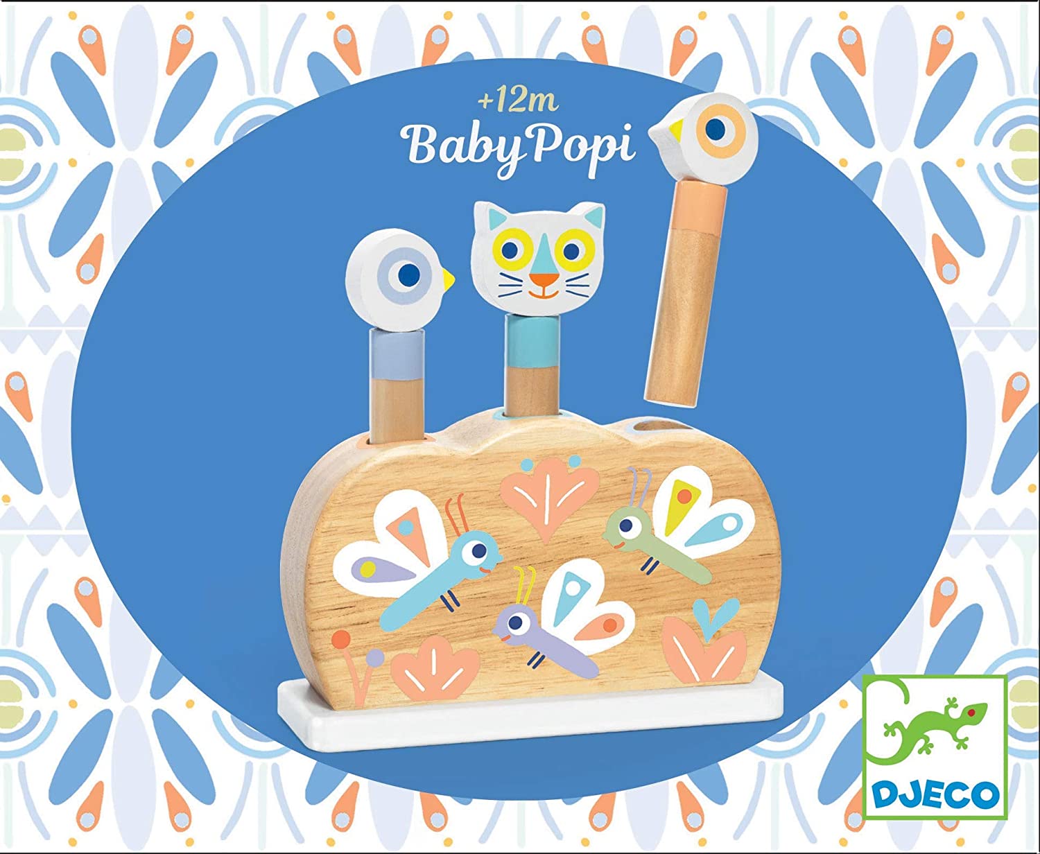 Djeco Jogo Pop Up BabyPopi de madeira para bebés, com figuras de gato e pássaros.