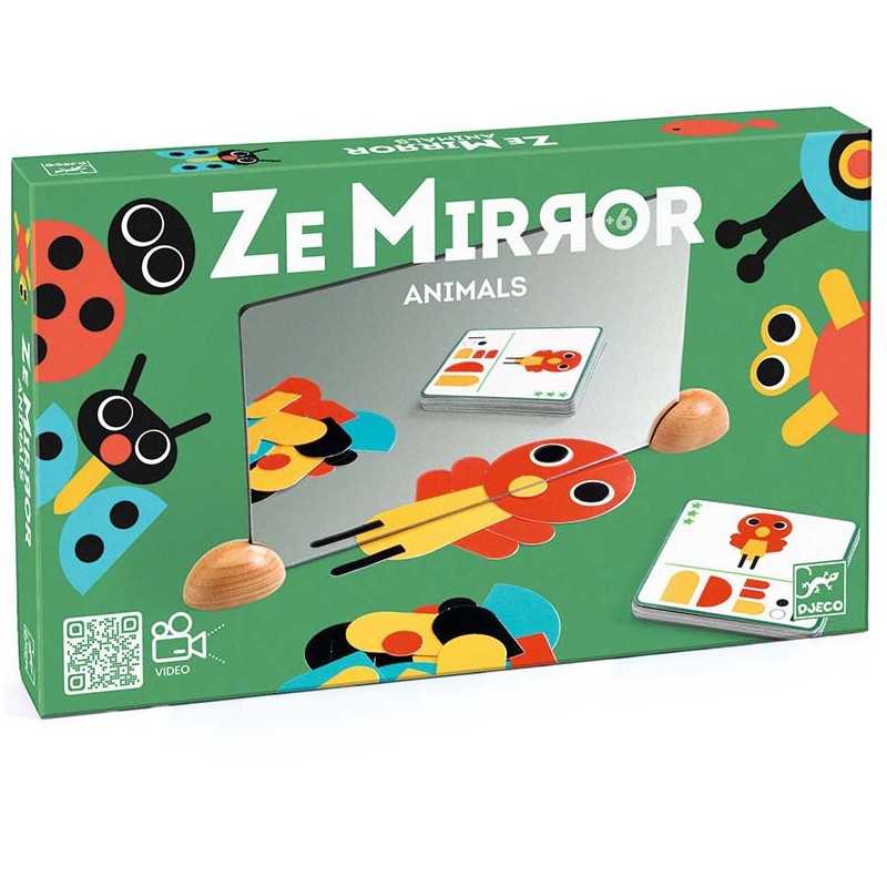 Caixa do jogo Djeco "Animais", mostrando o espelho, formas de papel e cartões de exemplo para criar reflexos.