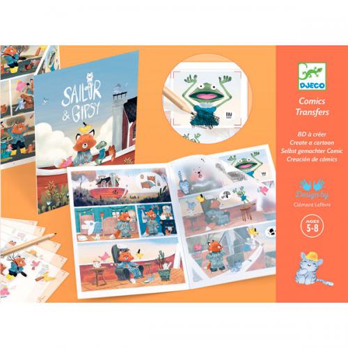 Kit Djeco Atividades para criar banda desenhada com decalques, mostrando o caderno aberto com um painel de história ilustrado e decalques prontos a aplicar.