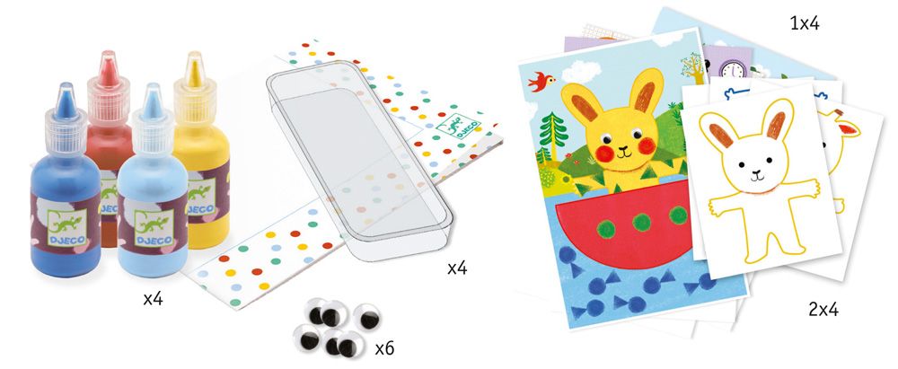 Detalhe dos materiais incluídos no kit: quatro potes de tinta colorida, esponjas em formas (estrela, flor, círculo, coração) e rolo de esponja.