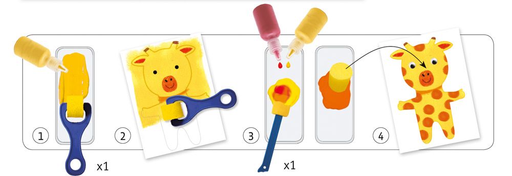 Exemplo de uma pintura finalizada com a técnica de esponja, representando um cenário de animais selvagens, como um leão e uma girafa.