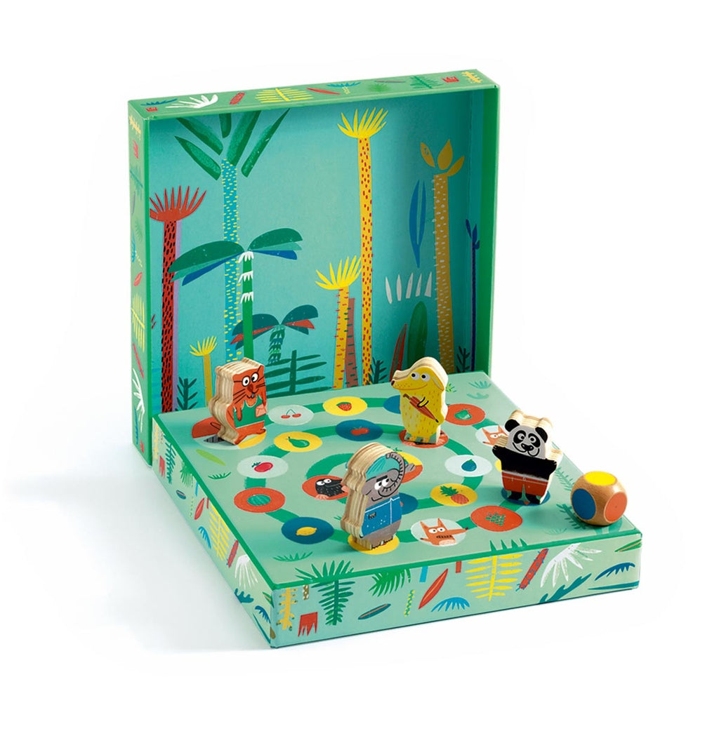 Caixa aberta do Djeco Ludo Park, revelando o tabuleiro de jogo com ilustrações de selva e personagens de animais posicionados.