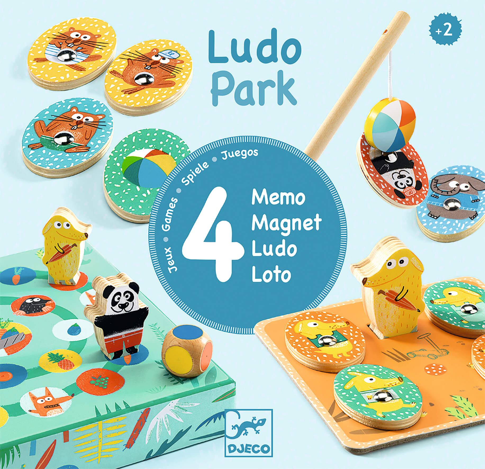Visão geral do Djeco Ludo Park, mostrando os quatro jogos incluídos: pesca magnética, loto, memória e trilho, com peças coloridas e personagens de animais.