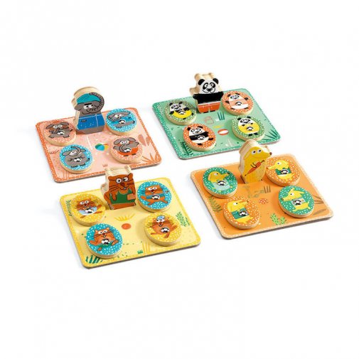 Detalhe do jogo de loto do Djeco Ludo Park, com tabuleiros individuais e peças correspondentes com ilustrações de animais.