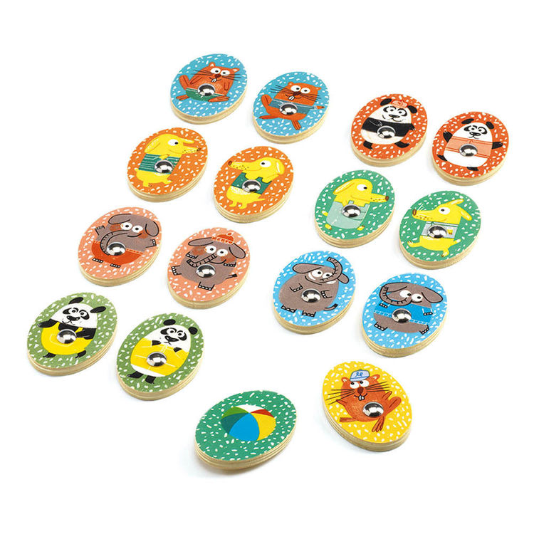 Peças individuais do jogo Djeco Ludo Park, mostrando os detalhes das ilustrações de animais e a variedade de cores vibrantes.