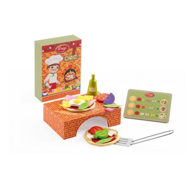 Vista geral do kit de jogo de cozinha de madeira Luigi Pizza da marca Djeco.