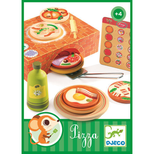 A caixa do jogo "Djeco MENU de pizza Luigi cozinhas" com o design ilustrado do forno de tijolos e a pizza.