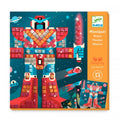 Caixa do kit Djeco Atividades Mosaicos - Batalha Espacial, mostrando um robô e um monstro em estilo mosaico metálico.
