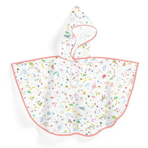 Capa de chuva poncho Djeco para criança com capuz, padrão primaveril de pássaros, flores e pequenos guarda-chuvas coloridos, com vivo rosa claro.