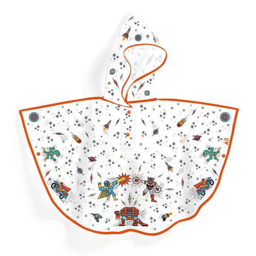 Capa de chuva poncho Djeco para criança com capuz, padrão de super-heróis, robôs e foguetões em ação, com vivo laranja.