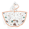 Capa de chuva poncho Djeco para criança com capuz, padrão de super-heróis, robôs e foguetões em ação, com vivo laranja.