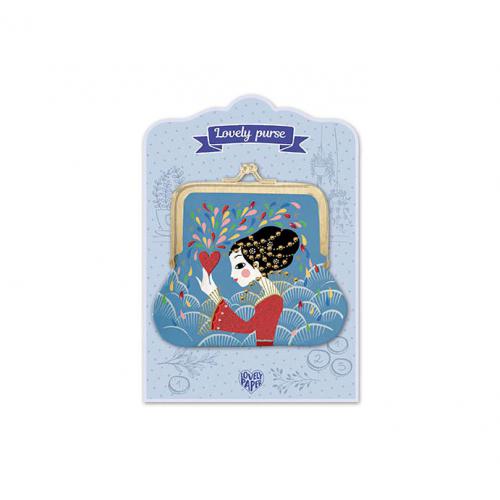 Djeco Porta Moedas Lovely Paper com ilustração de mulher e coração, fecho retro.