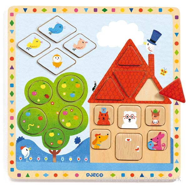 Puzzle Djeco de madeira com animais, formas geométricas, tamanhos e cores vibrantes numa base com design de casa e árvore.