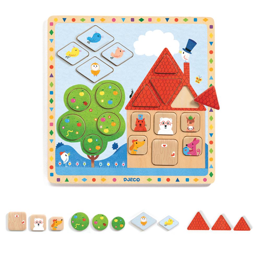 Puzzle Djeco de madeira com animais, formas geométricas, tamanhos e cores vibrantes numa base com design de casa e árvore.