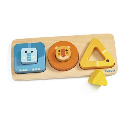 Puzzle Djeco VoluBasic com formas de animais (elefante, leão) e geométricas (quadrado, círculo, triângulo) fora da base de madeira.