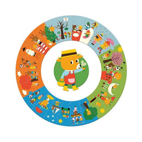 Puzzle gigante circular Djeco As Estações do Ano, com 24 peças e design colorido mostrando o personagem principal e as estações.
