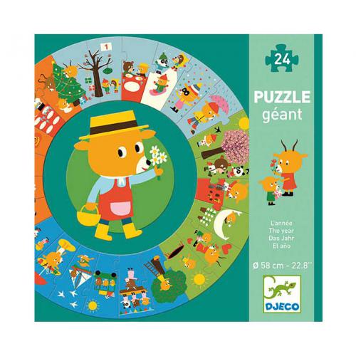 Puzzle gigante circular Djeco As Estações do Ano, com 24 peças e design colorido mostrando o personagem principal e as estações.