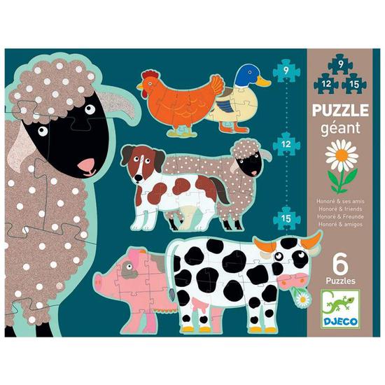Imagem principal do Djeco Puzzle Gigante evolutivo Animais, mostrando a caixa e vários animais do puzzle em destaque.